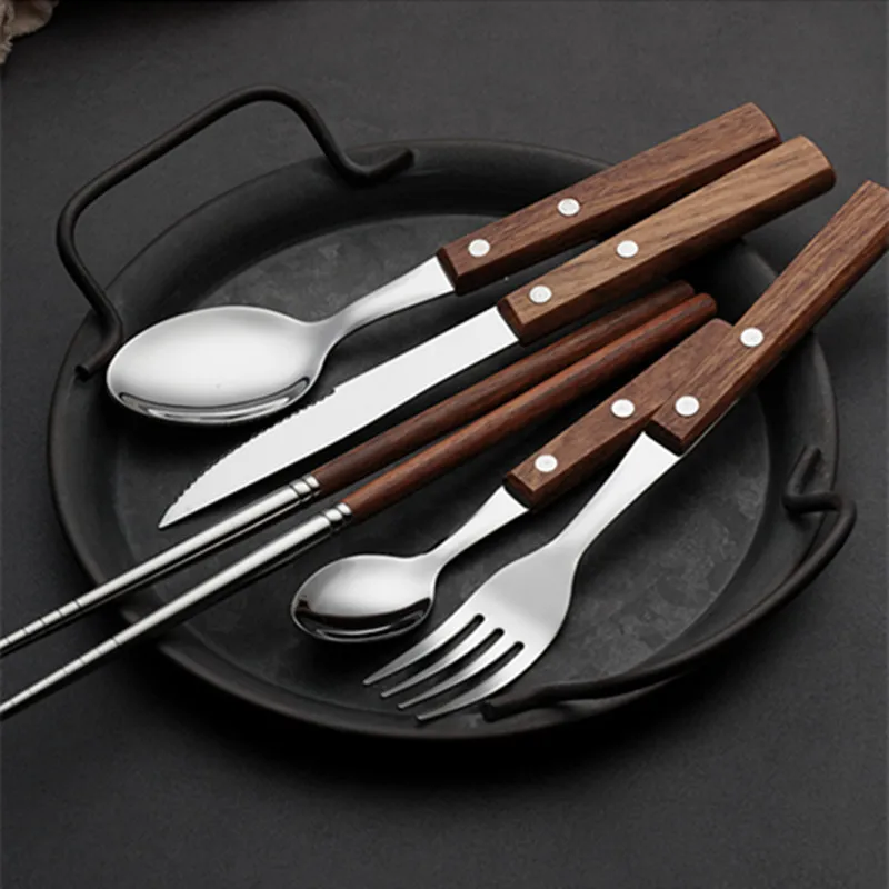 Wooden Handle Cutlery Set Western Stainless Steel Spoon Chopsticks Steak Knife Fork Tableware Vintage Dinnerware Kitchen Utensil