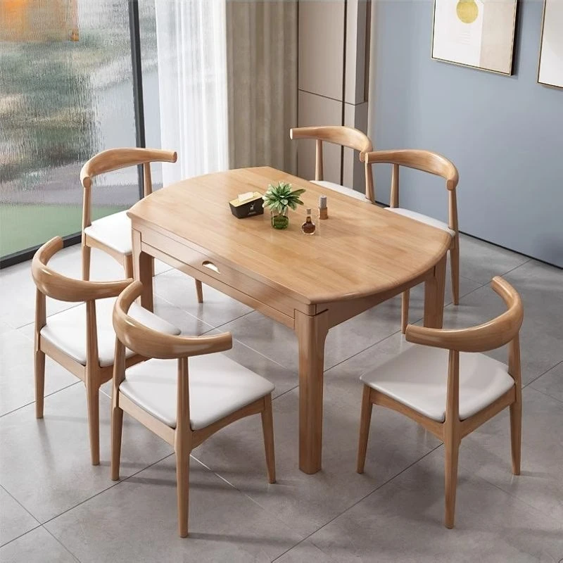 

Modern simple rubber wood round table Small apartment retractable dining table Solid wood folding dining tabl