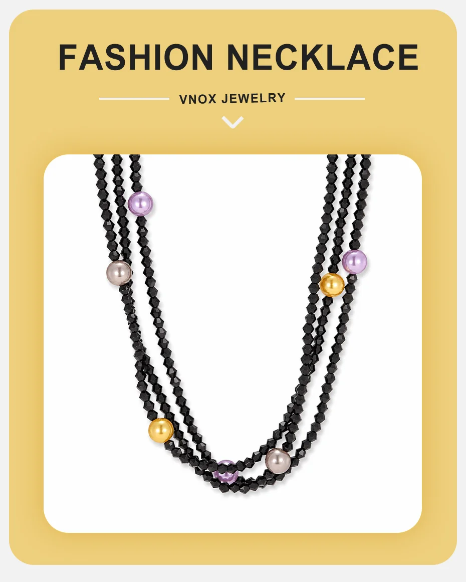 Vnox Handgefertigte Halskette aus schwarzem Kristall-Spinell mit Perlen für Damen, mehrschichtige lila Imitationsperlen-Halskette, Schmuck. – Detail 1