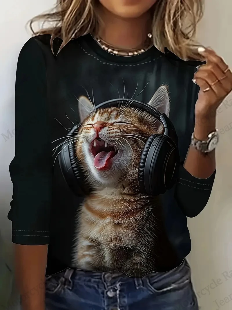 Deux modèles de chat mignon graphique impression 3d T-Shirt femmes à manches longues T-shirt femmes vêtements haut à la mode décontracté surdimensionné hauts t-shirts