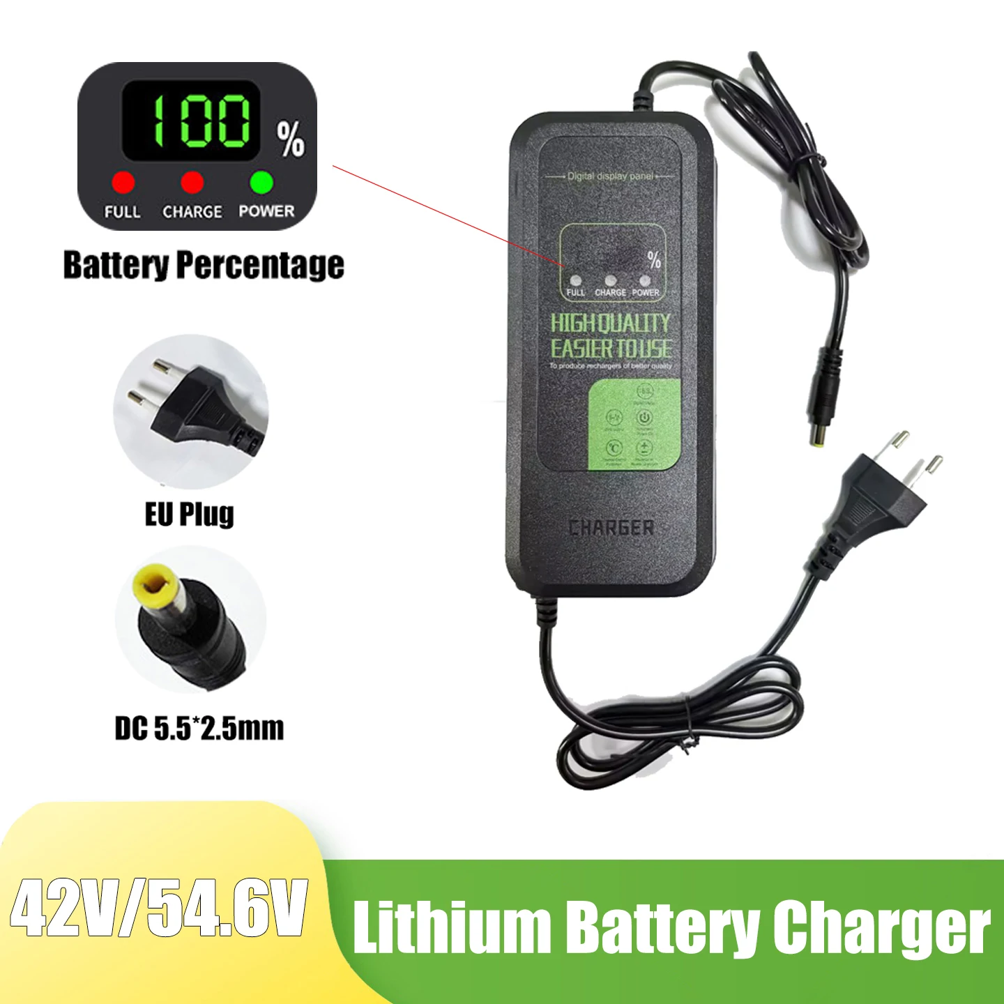 42V 54.6V Li-ion Battery Charger with Digital Display 2A/5A 5-Stage Pulse Charging for Electric Vehicle Li-ion Battery Packs