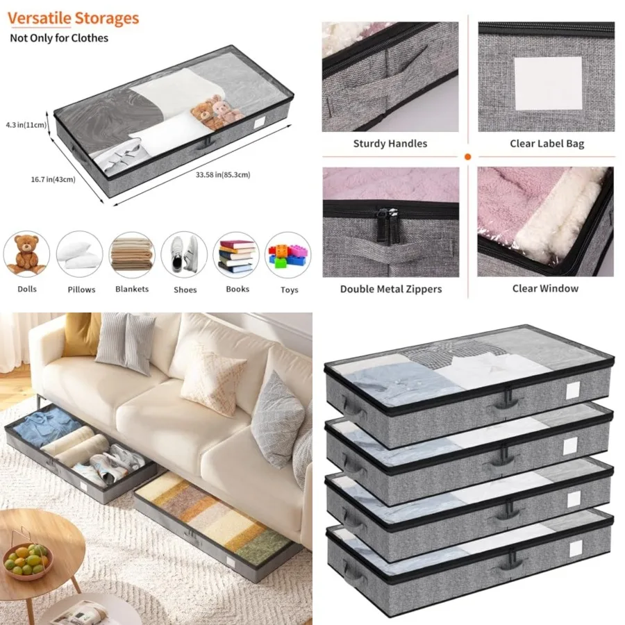 

Under Bed Storage Containers Pack, Reinforced Underbed Organizer Below.5 Inch Low Profile Clothes Storage Bins with Sturdy Side