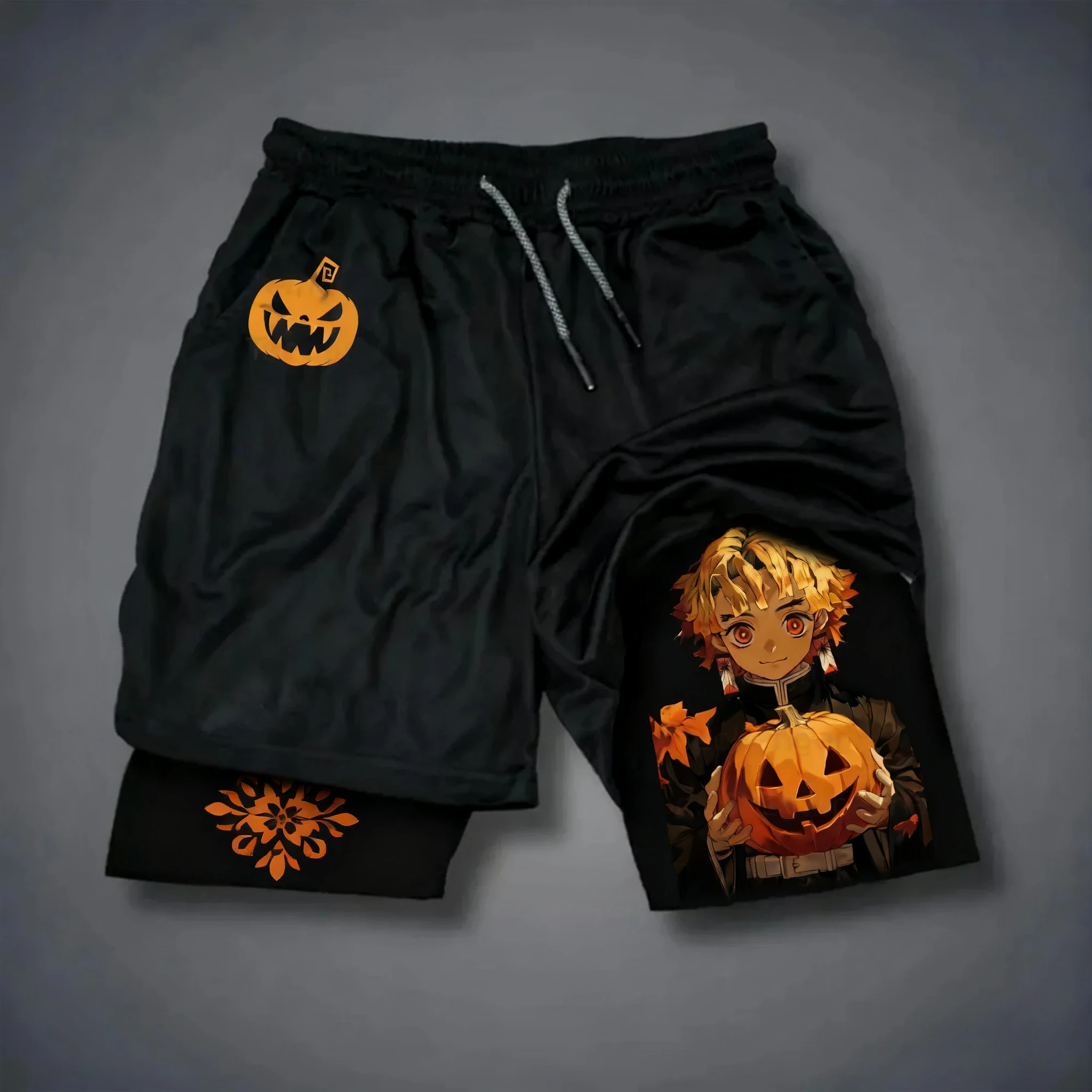 Demon Slayer Anime Print Double-layered Shorts American Summer Fitness Sports Loose And Fashionable Shorts For Men And Women Ins