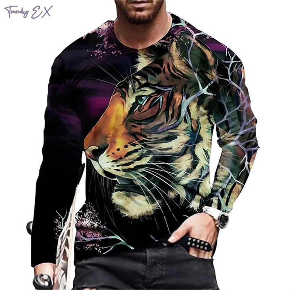 Men T-Shirt Street Tiger Print Cool Fashion O-Neck Graphic T Shirts Men Tops Casual Harajuku Long Sleeve Sports Gym Clothing Men