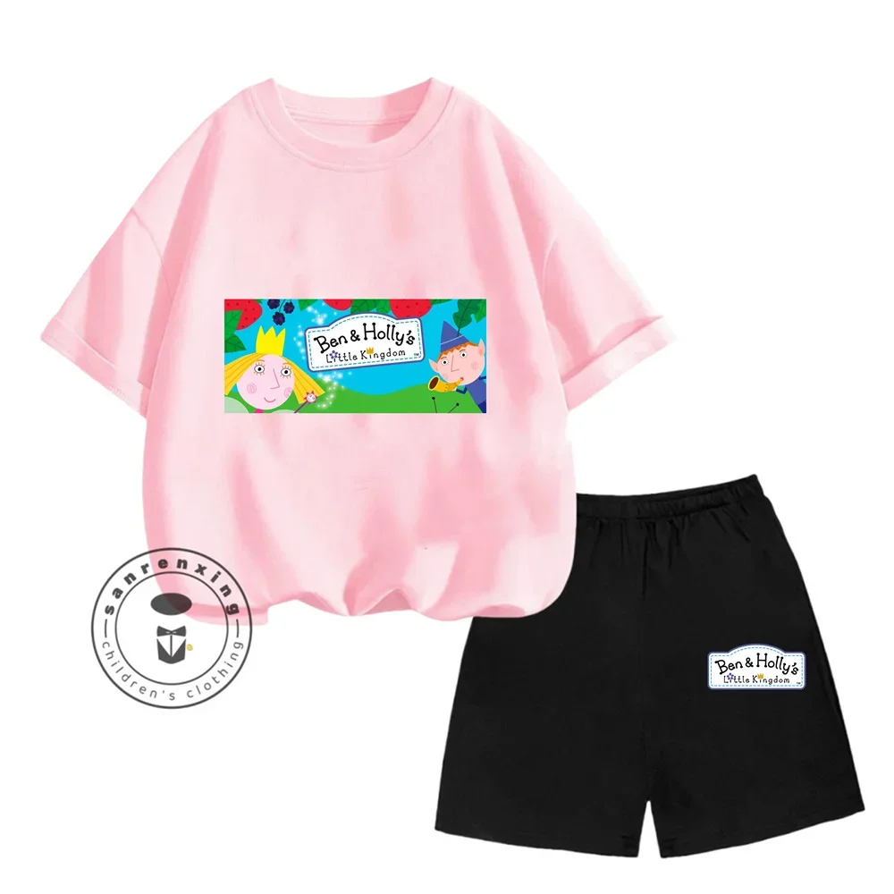 الأطفال بن وهولي المملكة تي شيرت مجموعة حية لطيف الفتيات جولة الرقبة قصيرة الأكمام السراويل 2 قطعة مجموعة قميص غير رسمي Kawaii