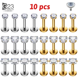 10Pcs G23 Titanium Piercing Heart CZ Labret Ear Stud Earrings For Women Square Shape Lip Stud Body Jewelry Helix Tragus