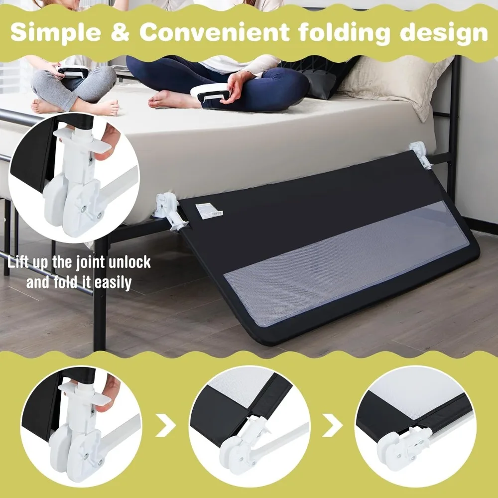 حاجز سرير آمن قابل للطي للأطفال الصغار، يناسب مرتبة Twin to King، حاجز حماية طويل جدًا باللون الأسود