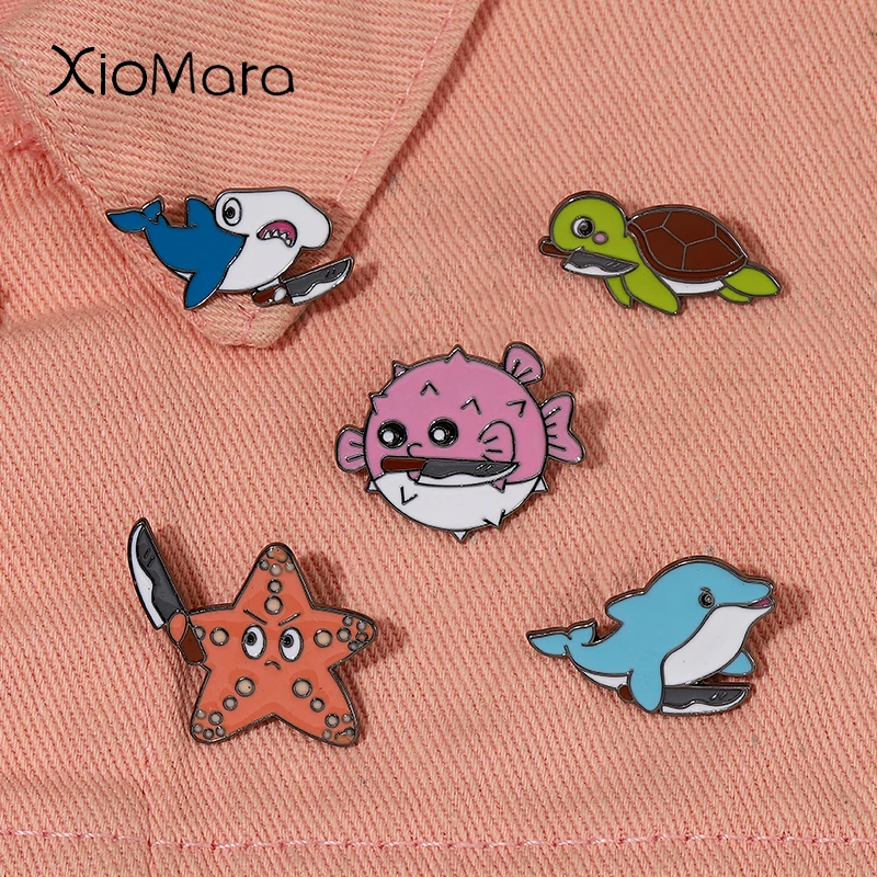 Infauna Enamel Pins Starfish Turtle Shark Dolphin and Puffer With Knife Brooches On Clothes Sea World Gift For Friend Jewely