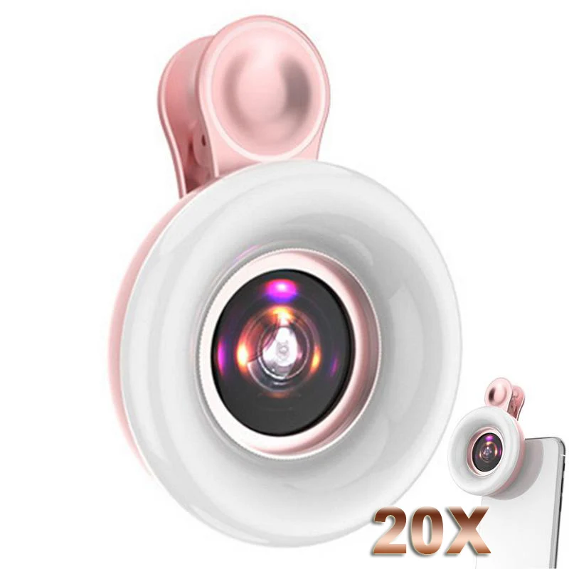 Macro Lens for Mobile 20X Fill Ring Light Selfie Live Lamp Camera Lens with LED Universal Flash Smartphone Portable Light Clip