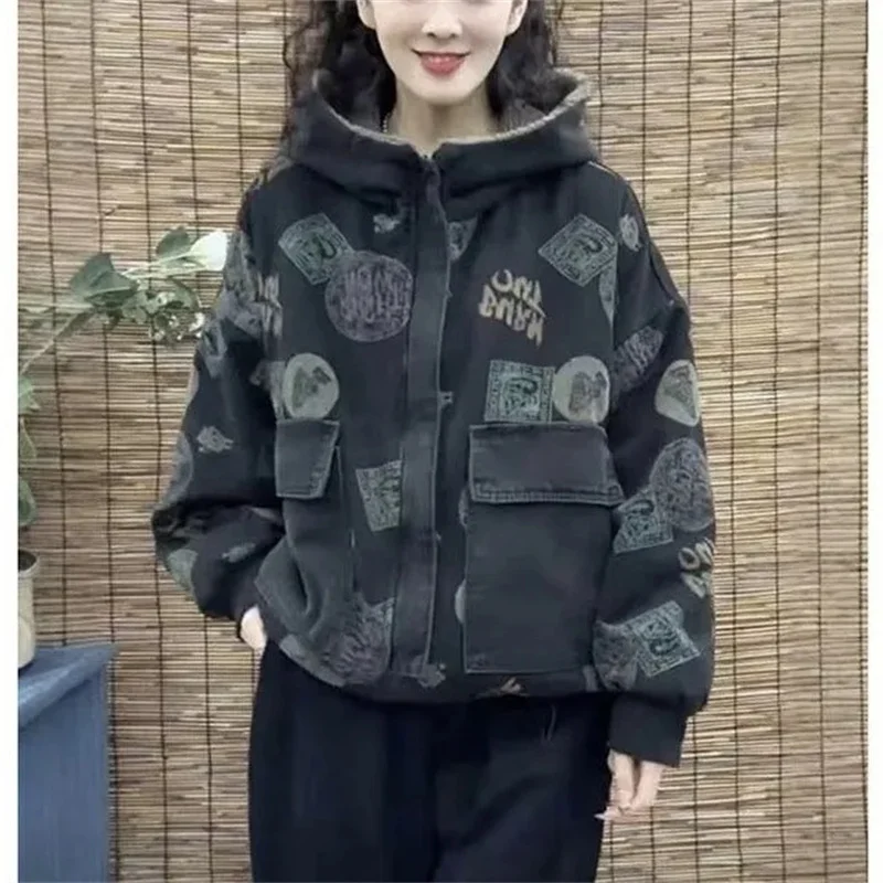 Winter Denim Coat For Women Denim Print On Both Sides Plush And Thick Casual Hooded Cowboy Jacket Female Denim Overcoat New