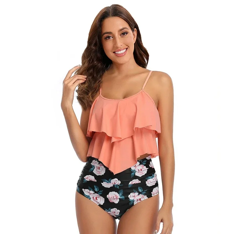 

Female Ruffle Ruched Split Swimsuit Ladies Vintage Swimsuits Conservative Swimsuit High Rise Bottoms Bikini
