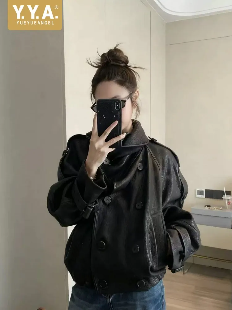 Spring Autumn Luxury Women Sheepskin Short Jacket Real Leather Turndown Collar Zipper Party Coat Loose Casual Female Jackets
