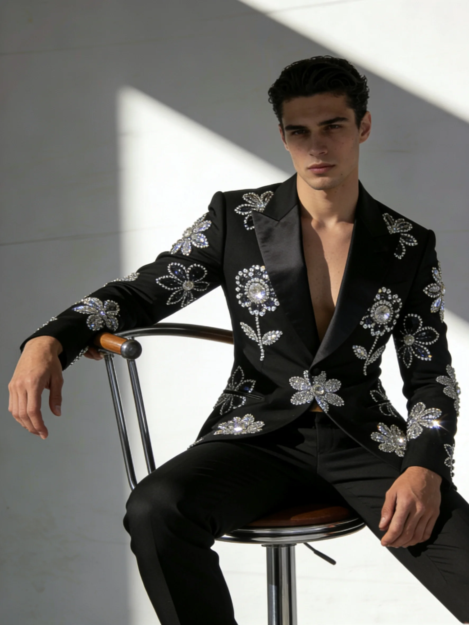 

Crystals White Men Suits Set 2 Pcs Blazer+Pants Trousers Luxury Glitter Wedding Tuxedo Formal Office Business Groom Jacket Coat