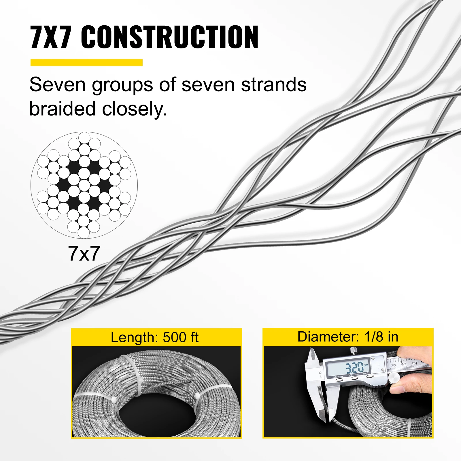 VEVOR-Cable de acero galvanizado para construcción, Cable de avión de 1/8 pulgadas, 500 pies, 7x7, con abrazaderas