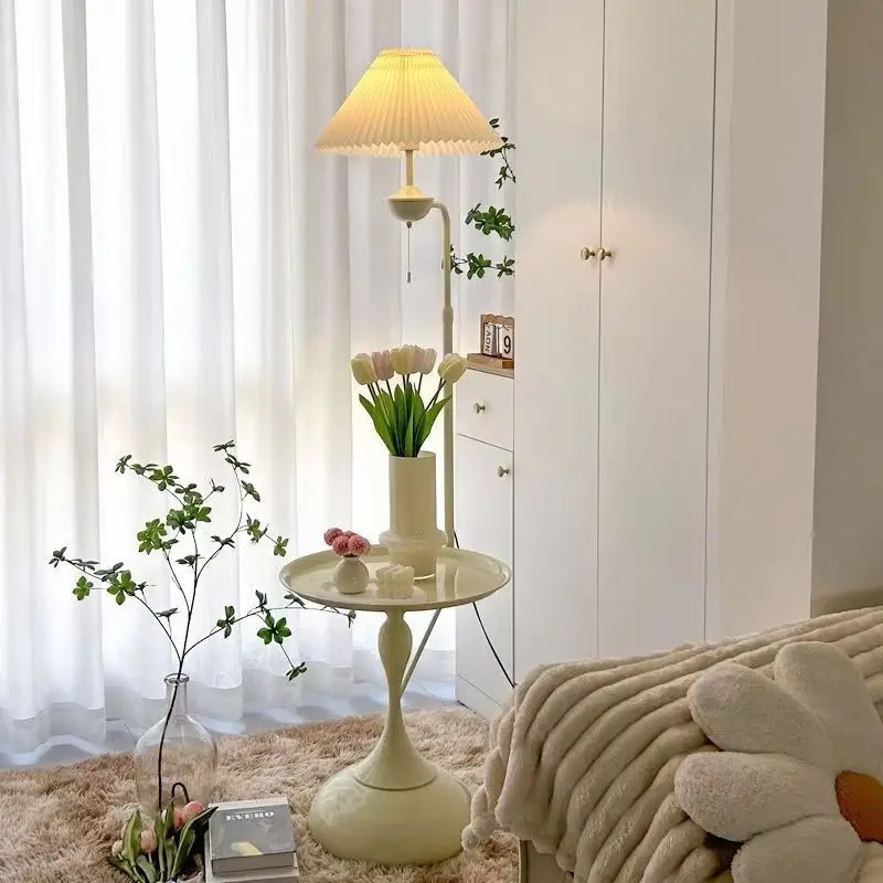 

Cream wind floor lamp, a few shelves next to the sofa in the living room