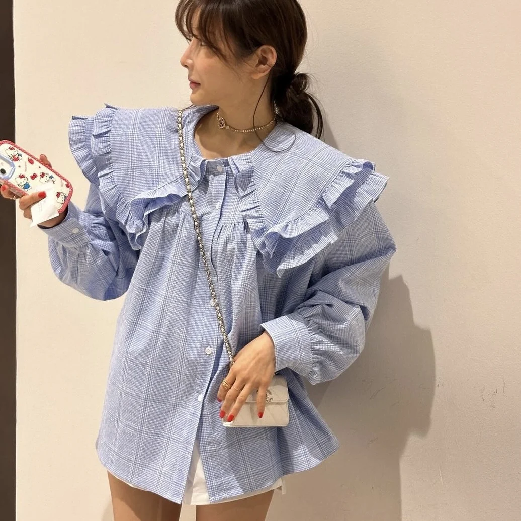 

Свободная рубашка в клетку с воротником-стойкой и деревянной пуговицей, в корейском стиле, для женщин, весна-осень-зима, повседневная