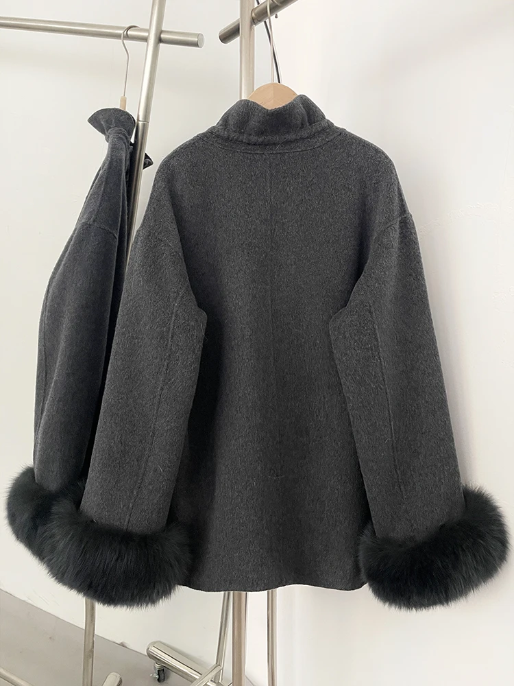 신상 여성 루즈핏 리얼 폭스 퍼 100% 울 코트 모자 포함 천연 모피 캐시미어 울 재킷 여성 가을 겨울 상의