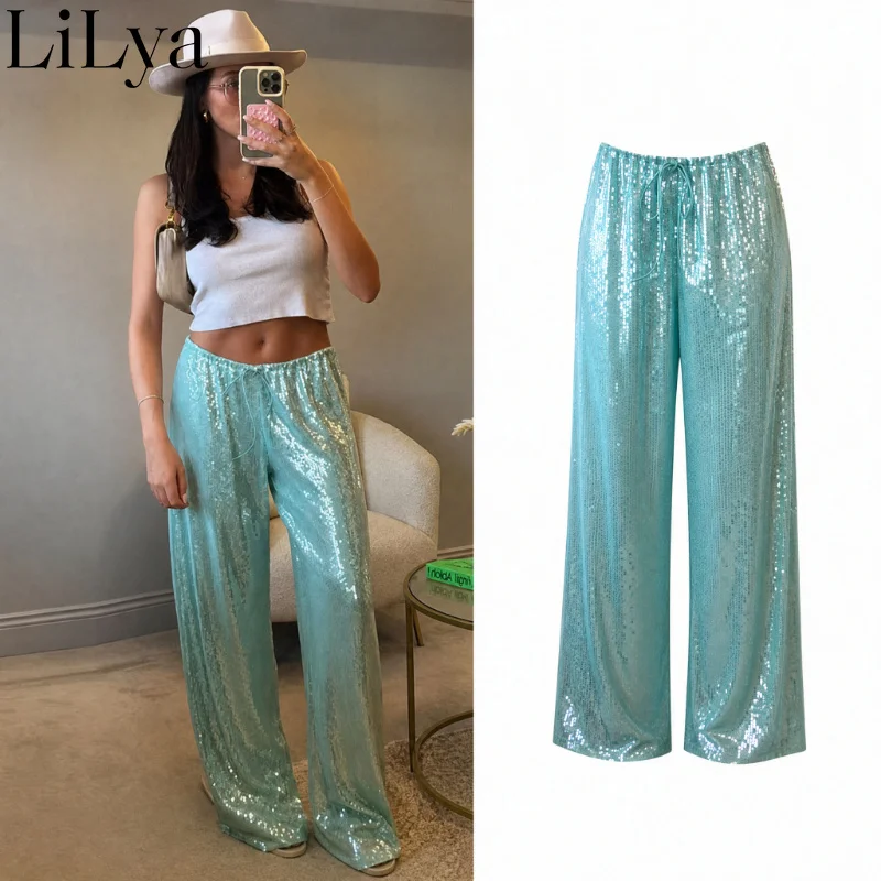 Lace Up Sequined Pants Women Solid Loose Drawstring Wide Straight Party Club Trousers Spring Summer Chic Streetwears Pants Lady