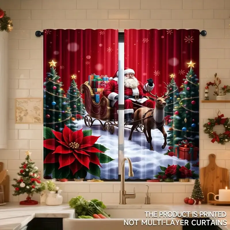 2 pieces - Christmas deer and Santa Claus printed curtains, pole bag curtains, home decoration, room decoration