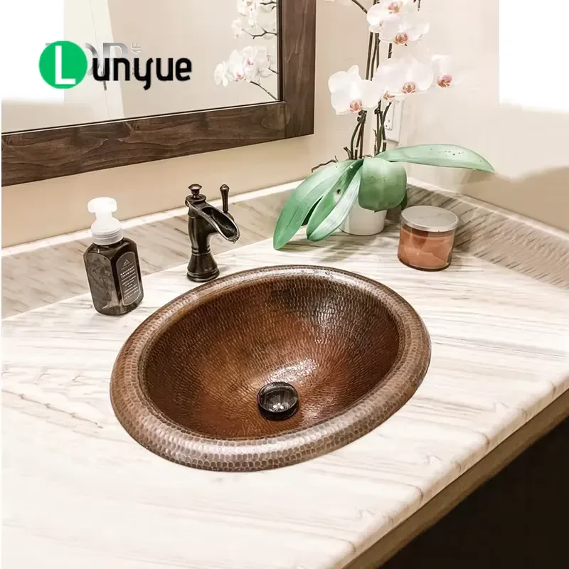 Hand Painted Round Copper Sink Brushed Finish Bathroom Basin Farmhouse Washstand Easy to Clean Durable Vessel Lavatory
