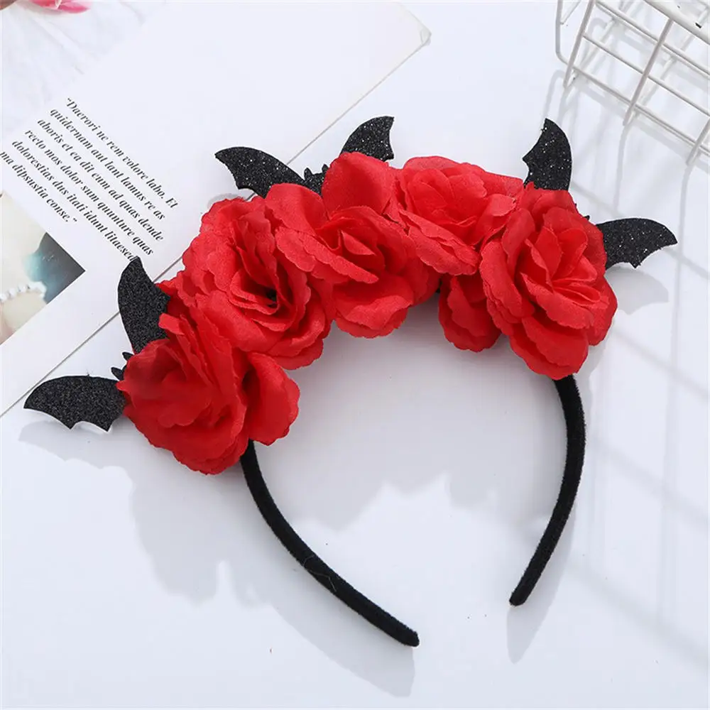 Halloween Rose Decoração Headband, 4 Flores Bat, Rred Black Hairbands, Acessórios para cabelo de festa, Vestir Parque de Diversões, Novo, 2023