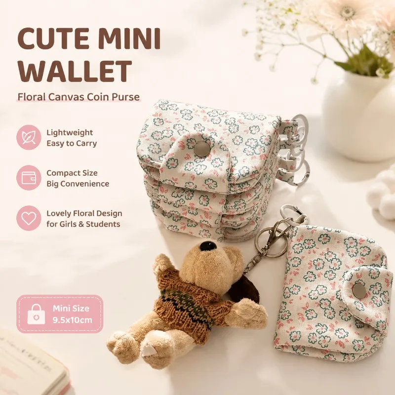 Student Coin Purse, Korean Floral Canvas Wallet Card Holder for Girls, Portable Small Storage Bag, Cute Mini Size 9.5x10cm