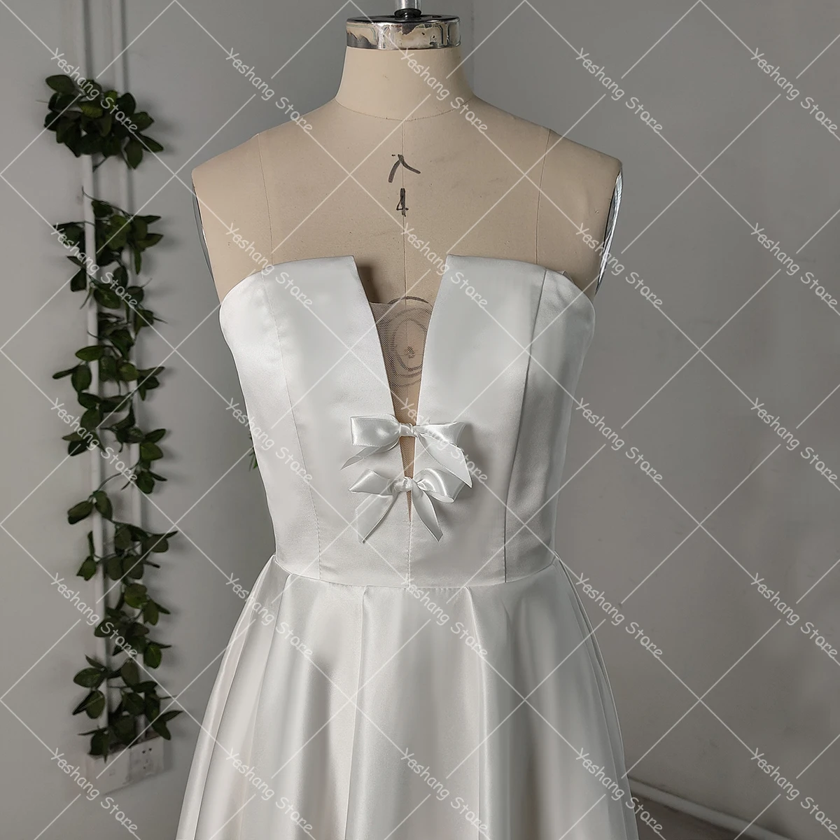 High Split Strapless Bow A Line Satin Wedding Dress Ivory Simple Customized Real Photos Lacing Closure Long Sexy Bridal Gowns