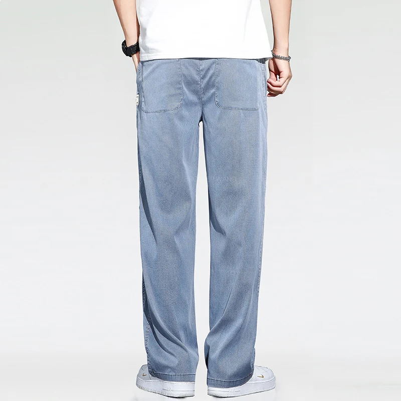 جينز فضفاض من قماش الليوسيل للرجال ، ثياب ناعمة ، سراويل غير رسمية ، رباط مطاطي ، بنطلون جينز مستقيم ، أزرق ، رمادي ، رقيق ، صيفي