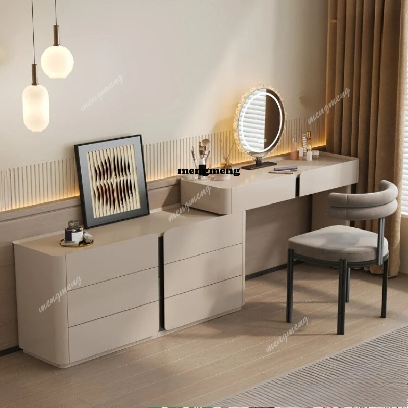 Modern Dressing Table Vanity Set Vanities Desk with LED Smart Mirror and Drawers Table with Glass Countertop and Makeup Stool