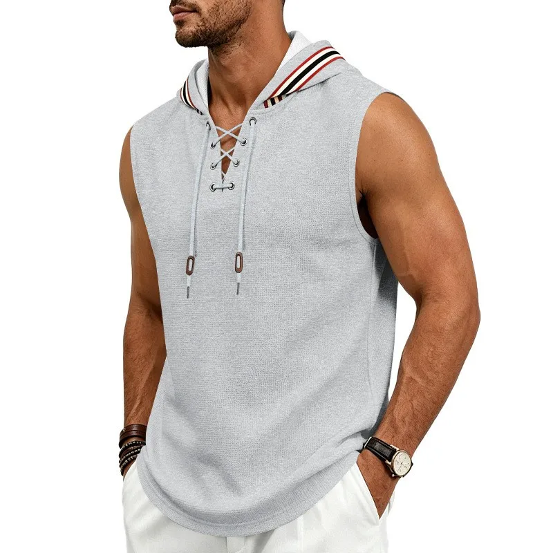 2026 New Men Lace Up Sleeveless Hoodie Striped Trim Hood Waffle Texture Breathable Bodybuilding Training Tank Tops sports vest