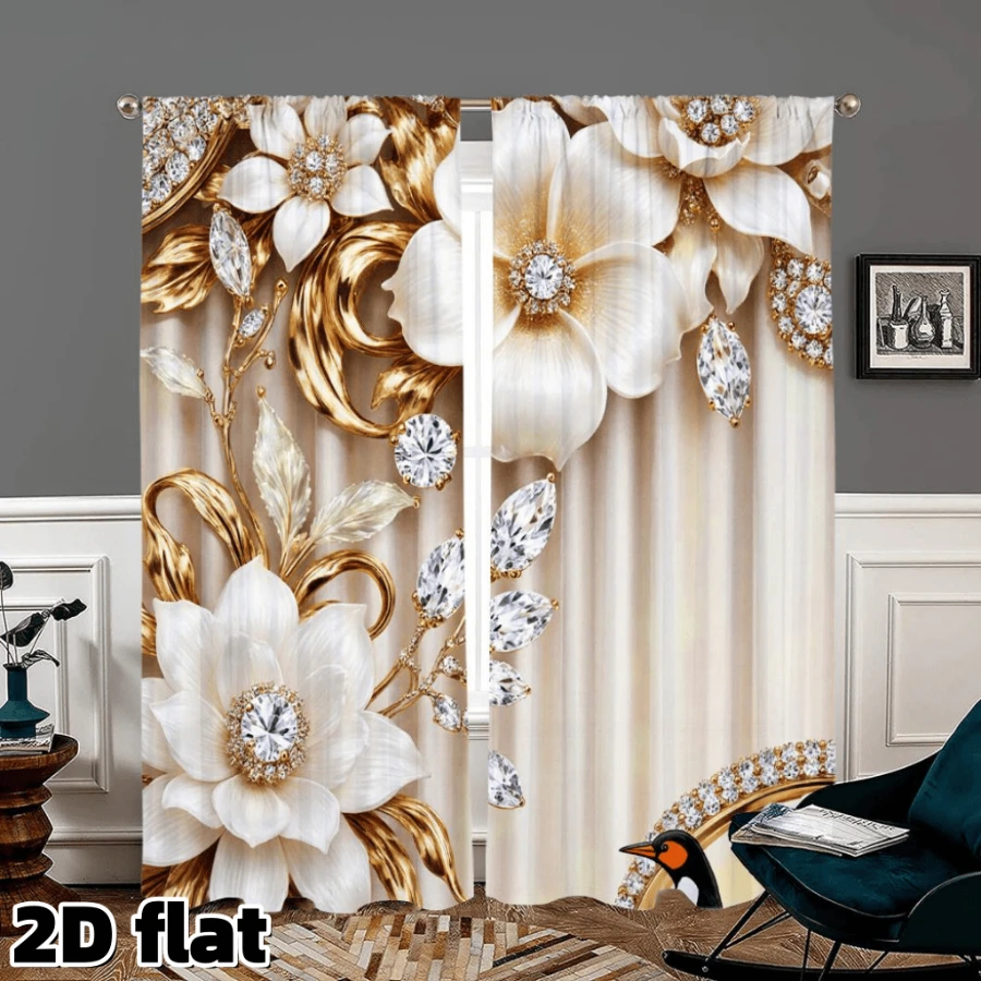 2PCS Digital Printed Curtains, Rhinestone White Flowers Luxury Floral, Window Treatments for Living Room Bedroom Home Decoration