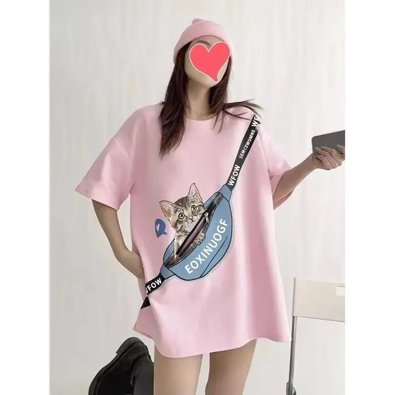 Y2k Europe Loose Zipper Pocket Short Sleeve Summer New Heavy Industry Cat Print T-shirt Woman Clothing All-match Casual Tees Top