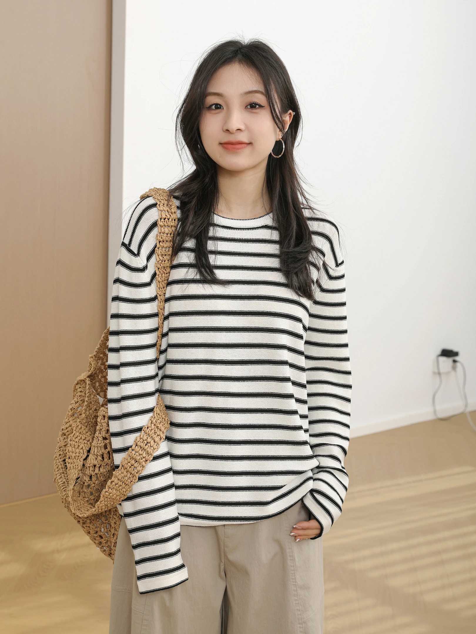 

Свободный повседневный пуловер с круглым вырезом в полоску, вязаный, в классическом стиле, для женщин, весенняя новинка, дышащий, комфортный