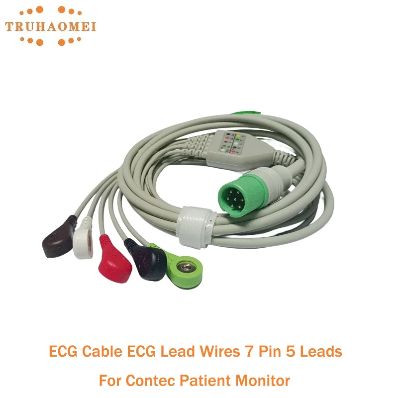 For Contec Patient Monitor ECG Cable CMS5100 CMS6000 CMS7000 CMS8000 ECG Lead Wires 7 Pin 5 Leads Snap or Clips One Piece AHA