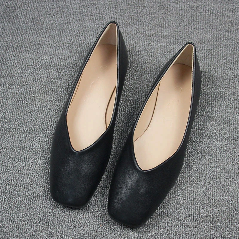 Ladies Square Toe Mujer V Shape Shoes High Quality Smooth Material Plain Slip-on TPR Ballet Flats Brown 44-33 Wide Fitting Softy