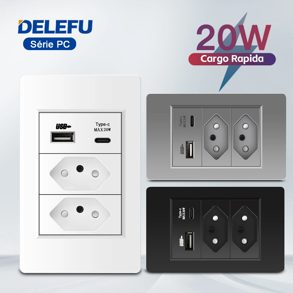 DELEFU-Fireproof PC Panel Wall Socket Switch, Fast Charge, Type-C, USB, Brasil Tomadas Padrão, Branco, Cinza, Preto, Switch, 10A, 20A, 118mm