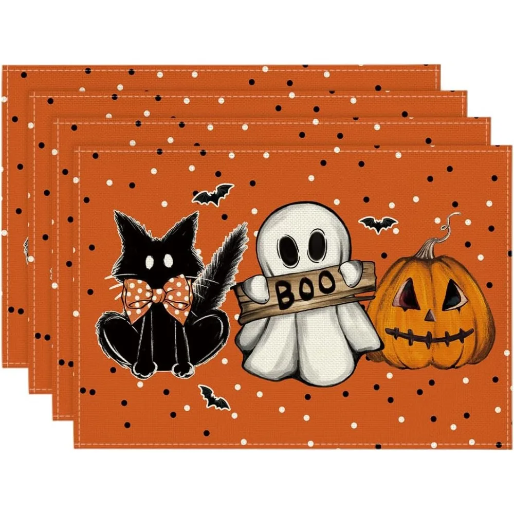 

Orange Polka Dot Ghost Pumpkin Cat Boo Halloween Placemats Set Of 4, 12x18 Inch Seasonal Table Mats For Party Kitche