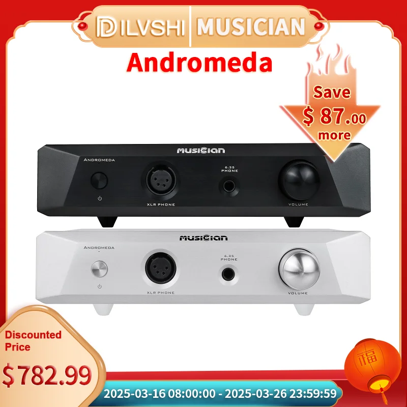 Músico Andromeda Amplificador de fone de ouvido Classe A pura totalmente balanceado 3 pinos 4 pinos XLR 6,35 mm 350 mW Saída 8 W 128dB Amplificador de fone de ouvido