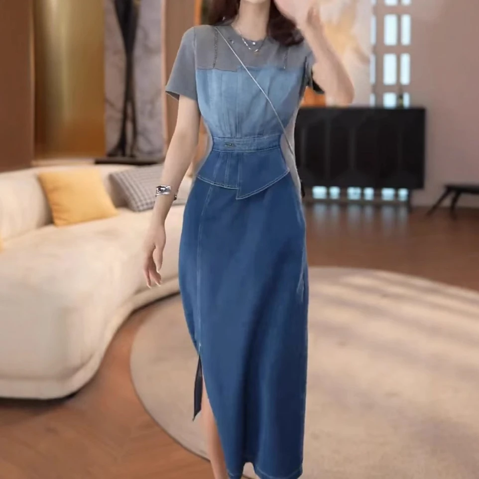 

Gradient Dress Women Dresses Two Fakes Vestidos Y2k Streetwear Round Neck Short Sleeve Elegant Splice Denim High Waist Work 2025