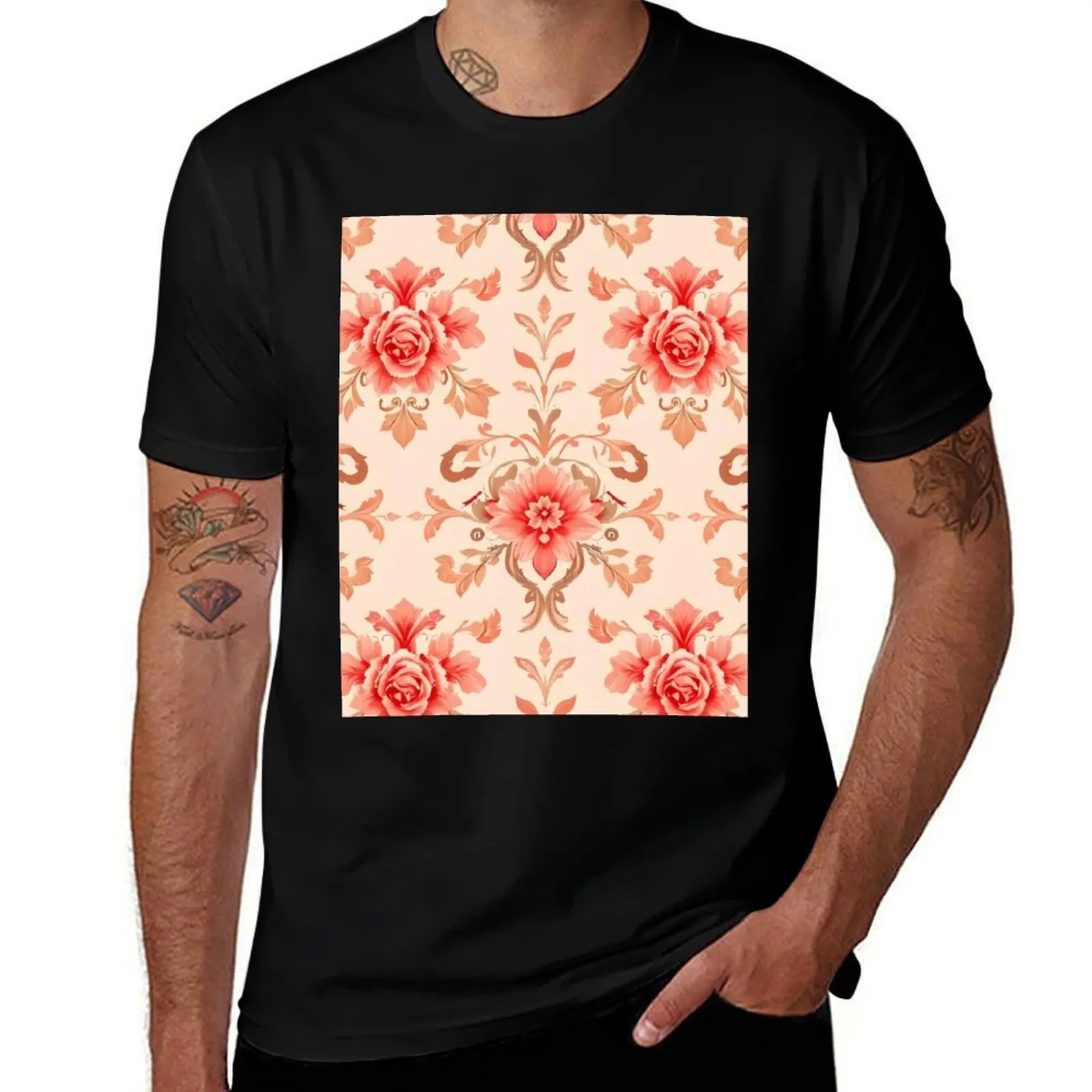 

Victorian Baroque rose floral with muted blush elegance, seamless pattern. T-Shirt summer clothes t shirt for men