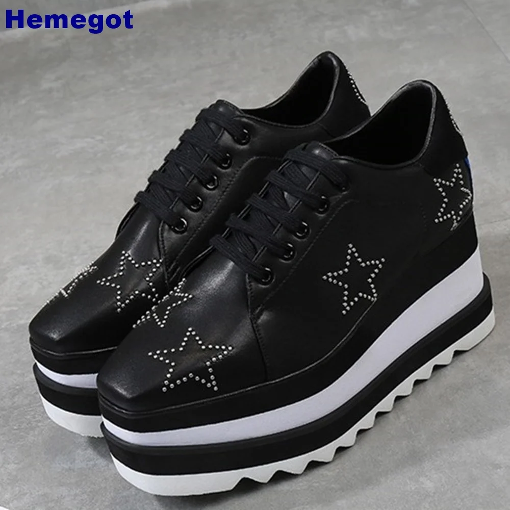 Platform Star Rhinestone Genuine Leather Short Boots Square Toe Street Lace-Up Sports Casual Mixed Color Shoes Fashion for Women