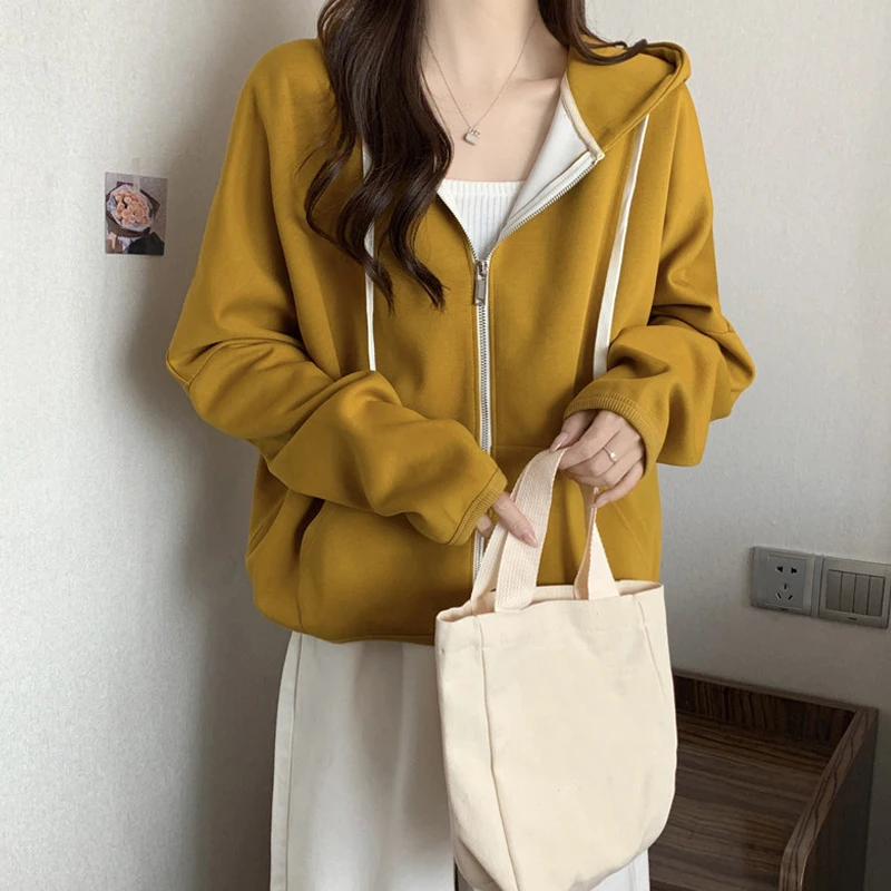 

Trendy Women's Loose Fit Long Sleeve Hoodie Spring Autumn Thin Zipper Cardigan Outerwear Korean Style Polyester Cotton Blend