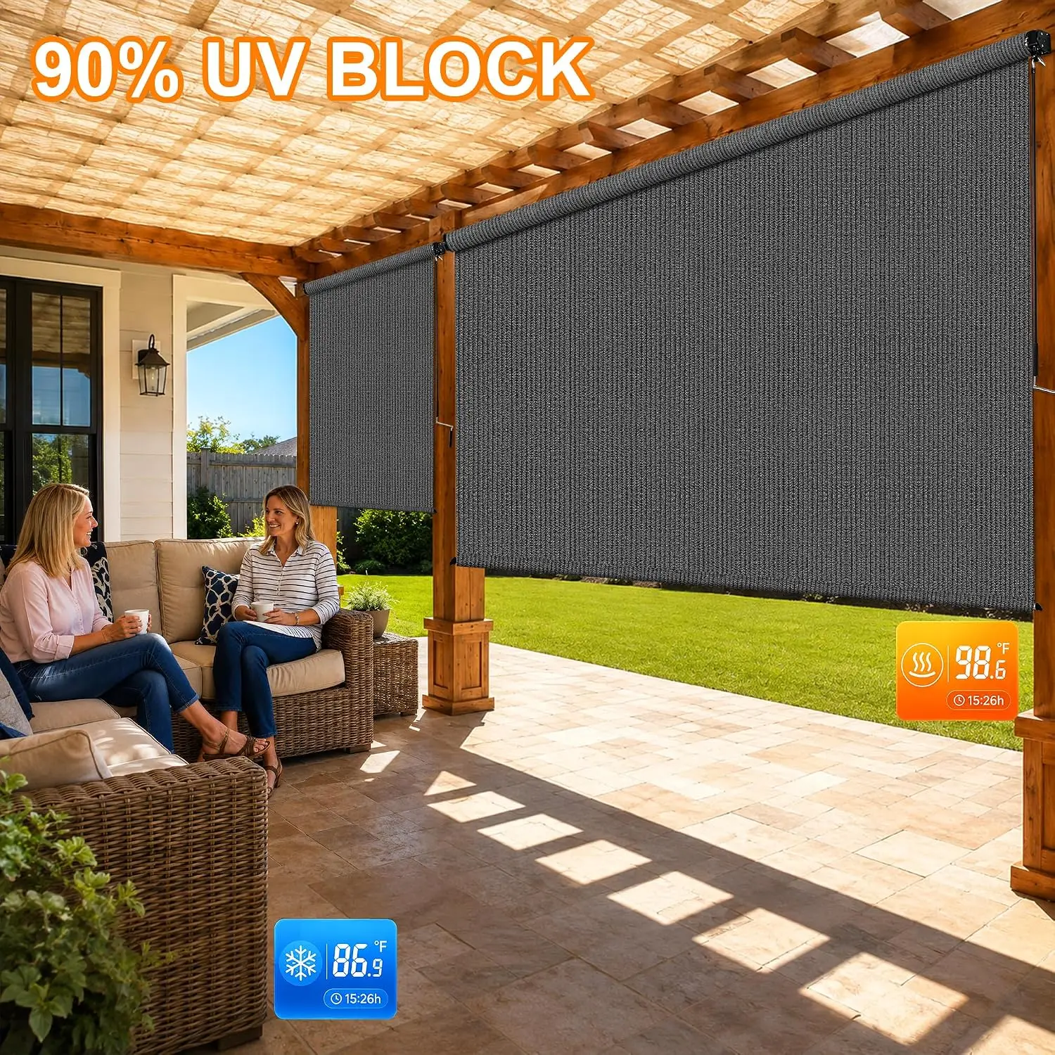 8'W x 8'H Gray Patio Shades Roll up Outdoor Roller Shade Crank Wand Blind Cordless, 90% UV Blocking & Privacy Protection for Por
