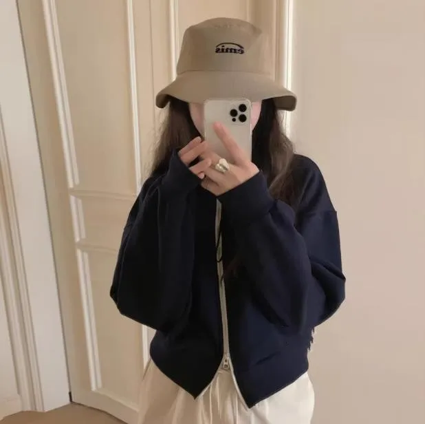 Unique SEI Women's Zipper Long Sve ort Hoodie Jaet Korean Sle Commute Faion Pure Color  Collar Loose Cardigan