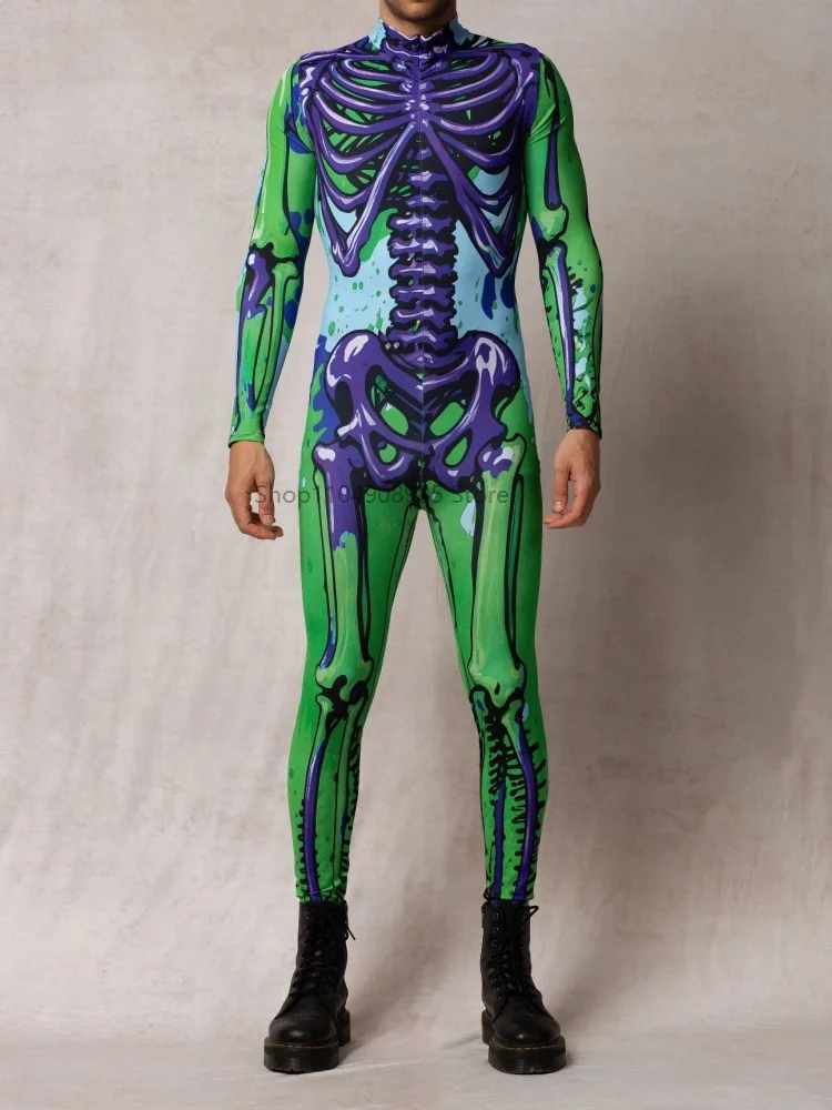 

Halloween Purple Green Skeleton Adult Cosplay One-piece Costume Men Stage Performance Jumpsuit Dance Party Outfit 2025