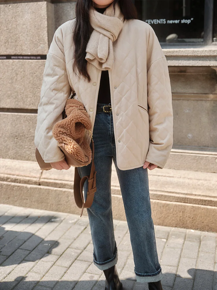 

ChillCozy Hera Women's Cotton Jacket round Neck Vintage Diamond Pattern Color Block Autumn Winter Slim Fit Cotton Coat
