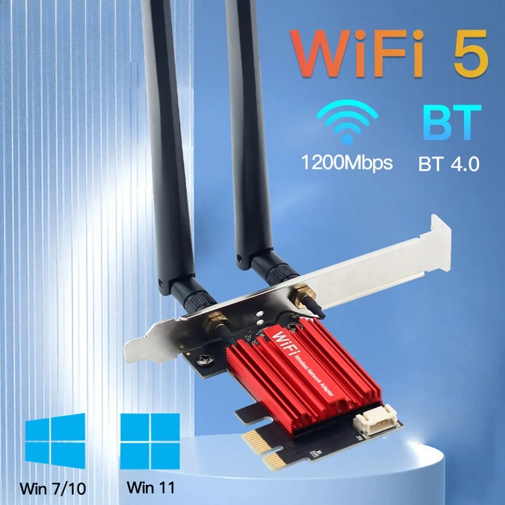 

Беспроводной адаптер WiFi 5 PCI-E, сетевая карта AC1200, двухдиапазонный 2,4G/5 ГГц, Bluetooth, для настольных ПК и ноутбуков, Windows 10, Wi-Fi адаптер с антенной