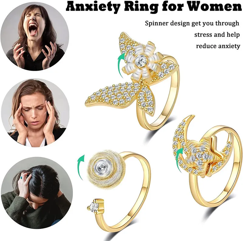 2024 New Anxiety Rings for Women Rotate Freely Beads Spinner Spiral Fidget Ring Anti Stress Toy Accessories Girls Best Gifts