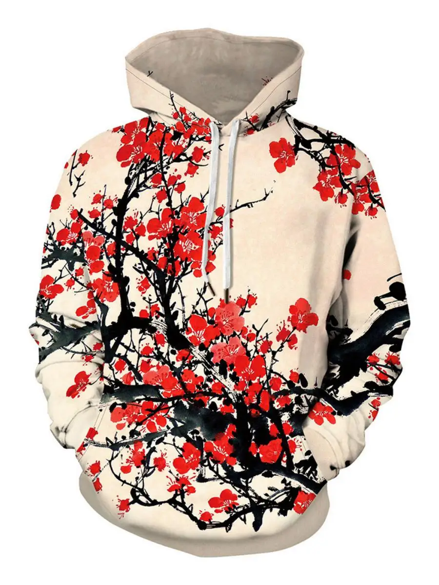 신상품 매화 산수 폭포 프린트 후드티 남성용 풀오버 디지털 3D 프린트 스웨트셔츠 봄 캐주얼웨어