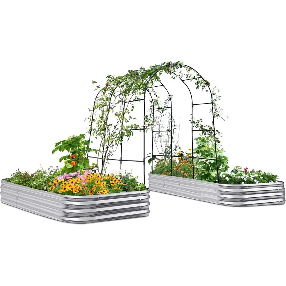 Raised Garden Bed with Arched Trellis, Galvanized Planter, 2-Piece Set, Silver